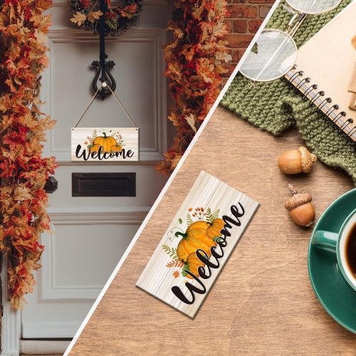 4 Welcome Sign for Front Door Outside, Autumn Decor Wall Art Hanging Sign, Fall Pumpkin Hanging Plaque Door Hanger for Outdoor Porch Home -FALLA01