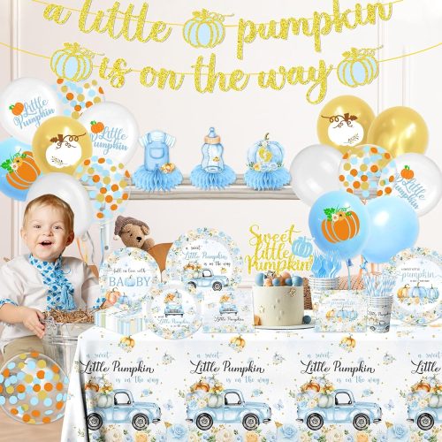 4 Little Pumpkin Baby Shower,198pcs A Little Pumpkin Is On The Way Baby Shower Boy Plates and Napkins Cups Tablecloth Cake Topper Honeycomb Balloon for Fall Boy baby shower Decorations ,Serve 24