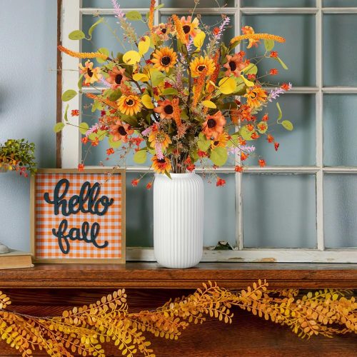 4 23 Inch Artificial Fall Flowers Fake Sunflower Orange Faux Flowers with Lavender Silk Floral Arrangement Fall Cemetery Flowers for Grave Tables Home Kitchen Wedding Decoration(4PCS)