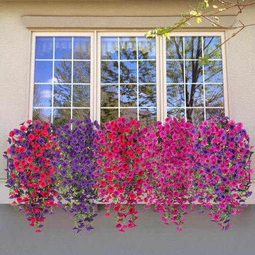 4 Artificial Hanging Flowers for Outdoor, 2pcs Fake Plants Long Vine Morning Glory Eucalyptus, UV Resistant Realistic Faux Greenery Indoor Outside Patio Porch Garden Spring Decor, Purple