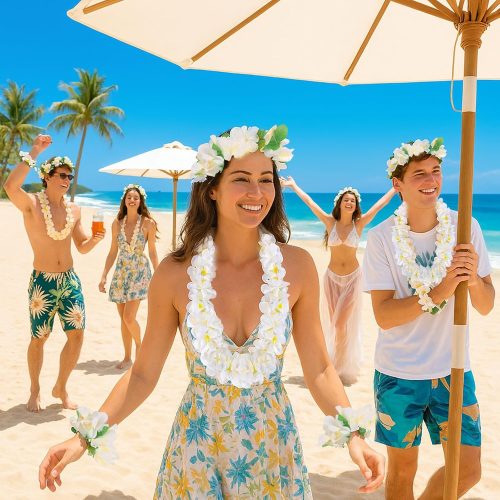 4 LovesTown 4PCS Hawaiian Lei Set, White Luau Wreath Garland Hawaii Leis Flower Headpiece Necklace Bracelet Summer Pool Beach Party Decorations