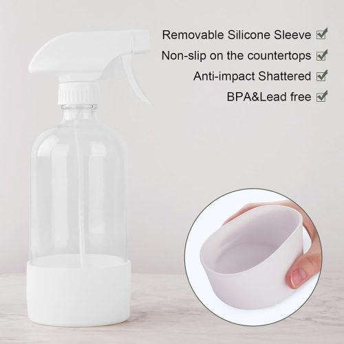 4 Glass Spray Bottles for Cleaning Solutions, 16oz Reusable Clear Empty Mist Spray Bottle with Silicone Sleeve for Hair, Plants and Essential oils 2 Pack