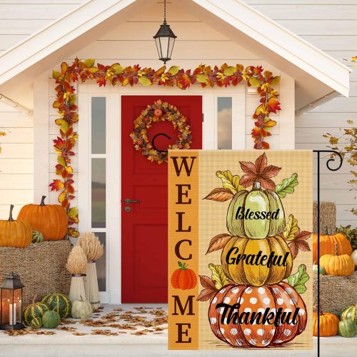 4 OHOME Thanksgiving Decorations - Fall Garden Flag | Double-Side Autumn Decor for Outdoor Indoor Outside Pumpkin Leaves - Thanksgiving Friendsgiving Welcome Backdrop Banner for Garden Porch Patio Lawn Yard,12x18 Inch