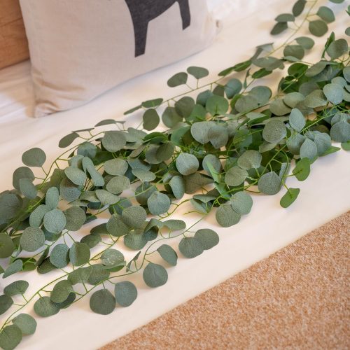 4 CQURE 24 Pack Eucalyptus Garland, Artificial Greenery Garland Faux Eucalyptus Leaves Table Vines for Wedding Backdrop Fireplace Arch Door Wall Room Decor(168FT)