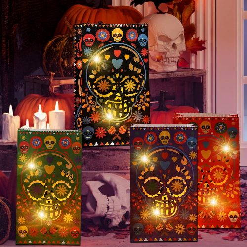 4 Ireer 30 Pieces Halloween Day of The Dead Luminary Bags - Dia De Los Muertos Candy Bag - Flame Resistant Candle Bag - Sugar Skull Gift Goodie for Mexican Fiesta Halloween Party Favors Supplies