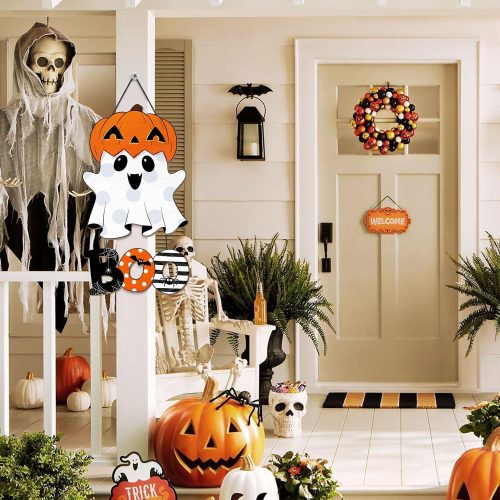Halloween Ghost BOO Wood Door Hanging Sign Decorations, Cute Ghost Pumpkin Wooden Signs, Large Size Halloween Front Door Hanger Yard Wall Home Decor for Halloween Party Supplies