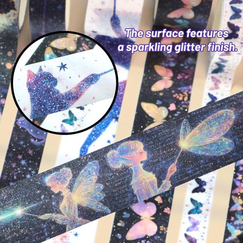 Glitter Washi Tape Set - 14 Rolls Gold Sparkle Adhesive Masking Tapes, 3cm/2cm/1.5cm Wide Butterfly Washi Tapes for Scrapbooking, Bullet Journaling, DIY Crafts, New Year Decor (Fairy & Cat Themes)