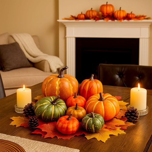 DomeStar 38PCS Fake Pumpkin Set, 8PCS Pumpkins for Decorating with 30PCS Maple Leaves Fall Harvest Decorations for Home, Thanksgiving Table Centerpieces and Halloween Decor