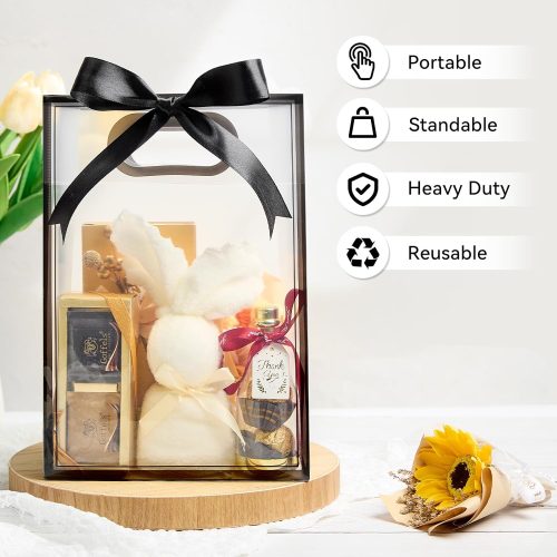 Ohuimrt 12 Pack Clear Plastic Gift Bags with Handles, Reusable Party Favor Bags with Ribbon for Birthday, Wedding, Bachelorette Party, 10.2 x 7.1 x 3.1 Inch (Black)