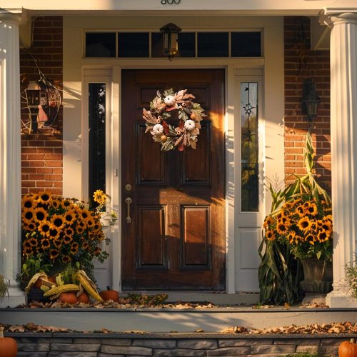 Valery Madelyn Fall Halloween Wreaths for Front Door, 20'' Thanksgiving Wreath with Lights White Pumpkins Berries, Outdoor Fall Harvest Decorations for Home Porch Table Centerpiece