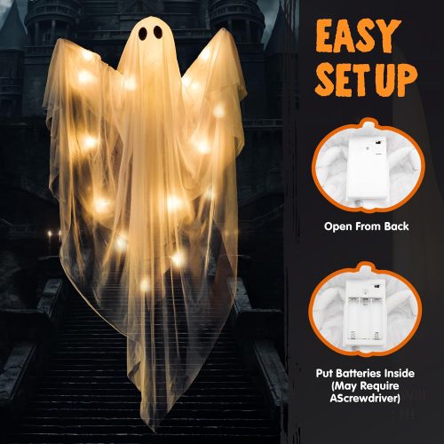 JOYIN 2 Pcs 47” Halloween Light up Hanging Ghost Decoration Outdoor, Halloween Flying Hanging Ghosts with Warm LED Light for Haunted House Prop, Front Yard Patio Party Decor Indoor Outdoor