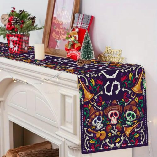 Dia De Los Muertos Mexican Table Runner, Sugar Skull Decor, Rustic Linen Day of The Dead Decorations, Fiesta Party for Home Kitchen Dining Room, 72×13 Inch