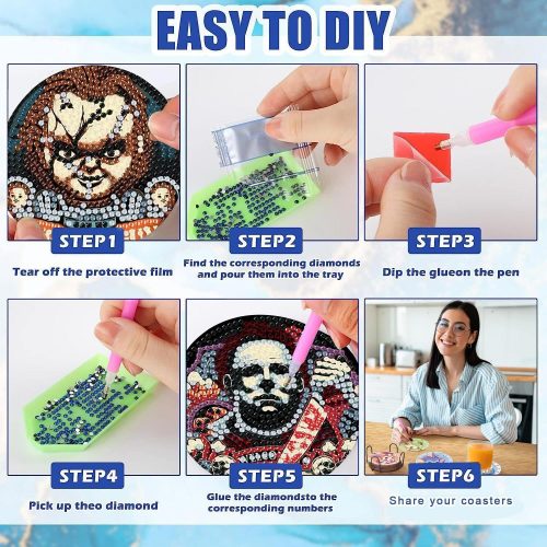 8 Pcs Halloween Diamond Art Coasters Kit for Adults - Round Full Drill Horror Diamond Painting Coasters Set with Holder,DIY Diamond Dot by Number Coaster Art and Craft for Home Wall Decor Gifts