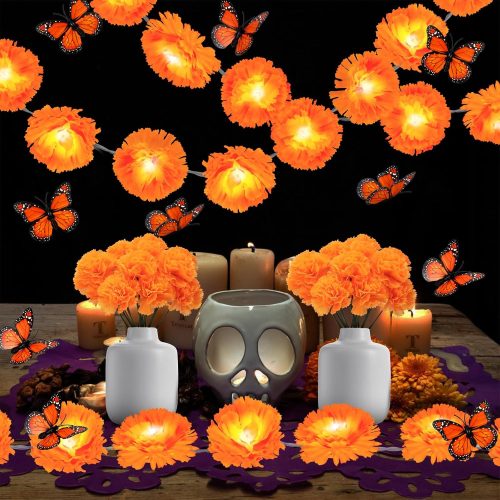 44Pcs Day of The Dead Decorations 2PCS 6.5ft Lighted Marigold Garland,30PCS Artificial Marigold Flowers with Stem,12PCS Butterfly,Dia de Los Muertos Decorations for Halloween Diwali Indian Party