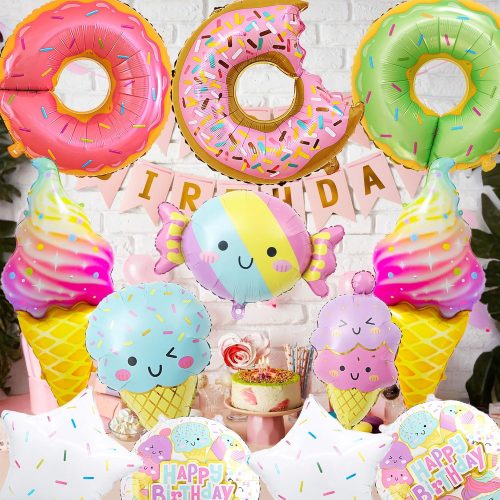 12 PCS Large Donut Candy Ice Cream Theme Balloons, Ice Cream Party Decorations, Foil Mylar Balloons for Summer, Hawaii, Birthday, Baby Shower Party Supplies