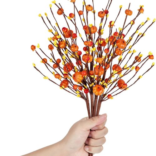 Set of 4 Artificial Orange Berry Stems Twigs with Pumpkins Sprigs 16.5 Inches Harvest Fall Floral Picks Fake Pip Berries Sprays Branches for Autumn Winter Thanksgiving Festival Home Decoration (4)