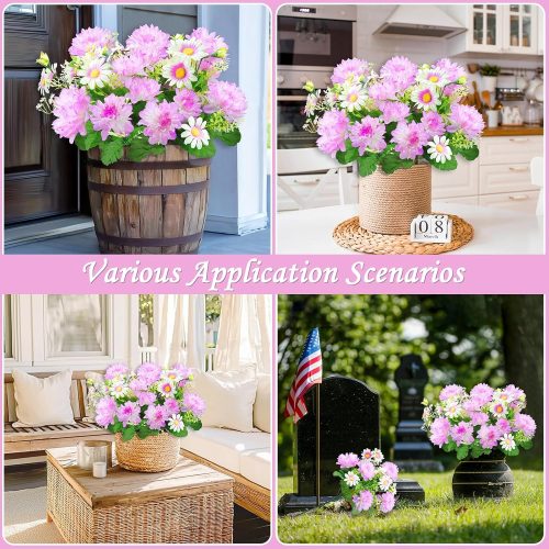 TURNMEON 48 Heads Artificial Flowers for Outdoors, 4 Bunches 17 Inch Dahlia Daisies Mum Fake Flowers UV Resistant Faux Plants Bouquets for Outside Grave Gardens Indoor Home Summer Decor (Pink)