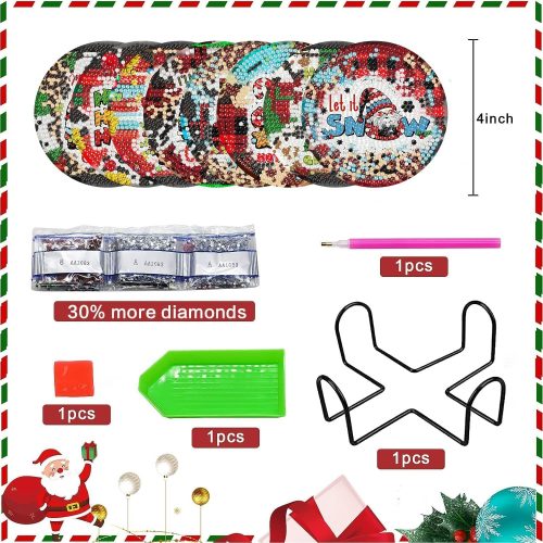 mrpwnle 8 Pack Diamond Art Coasters Kits - Christmas Diamond Painting Coasters Kit Set with Holder Cork Pads, DIY Christmas Diamonds Art Non Slip Coaster Crafts for Adults Beginners Gift
