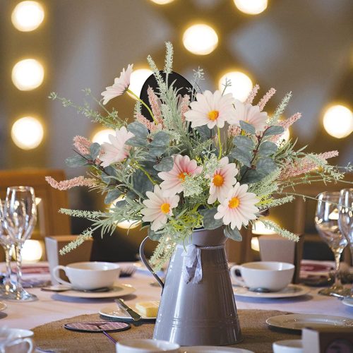 2 Bundles Artificial Wildflowers Fake Daisy Flowers Bouquet Silk Flower with Stems Faux Daisies Eucalyptus Pink Floral Arrangement for Farmhouse Party Table Centerpieces Home Indoor Decoration
