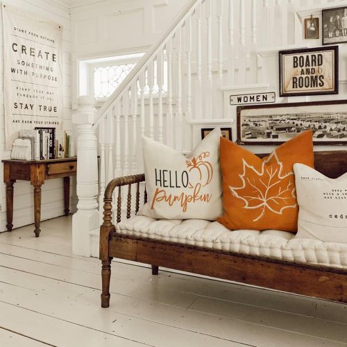 GEEORY Fall Pumpkin Maple Leaves Pillow Covers 18x18 Set of 4, Happy Harvest Cushion Case Autumn Decorative Throw Pillows Farmhouse Thanksgiving Decorations for Sofa