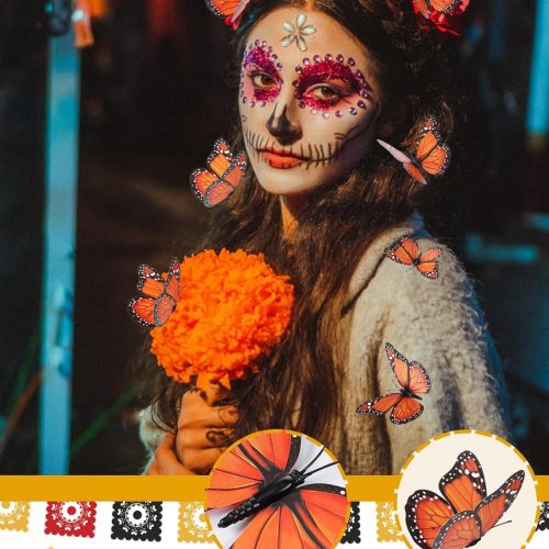 Day of The Dead Monarch Butterfly Decorations, 48 Pcs Halloween Orange Artificial 3D Premium Fake Butterflies Craft, Wall Refrigerator Decor for Dia De Los Muertos Ofrenda Altar