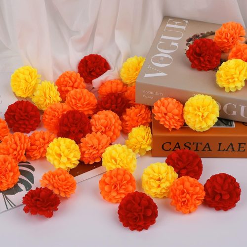 Marigold Flowers Heads Bulk, 40Pcs Silk Marigold Flowers Artificial for Decoration DIY Wreath Garland Craft Wedding Party Baby Shower Decoration Halloween Christmas (Mix Colors)