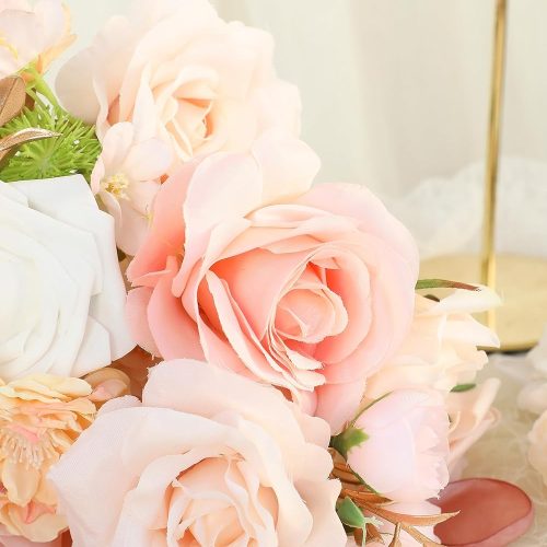 Floroom Blush Peach Pink Artificial Flowers Cream Fake Roses Peonies and Greenery Combo Box Set for DIY Wedding Bouquets Bridal Shower Centerpieces Floral Arrangements Party Tables Home Decorations