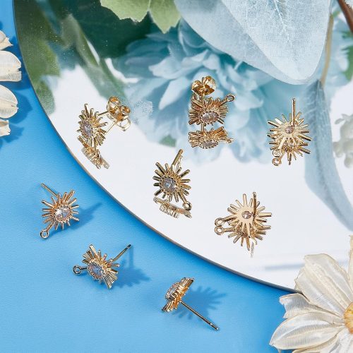 Beebeecraft 10Pcs/Box 18K Gold Plated Sun Earring Findings Cubic Zirconia Earring Posts with Sterling Silver Pins and Butterfly Earring Backs for DIY Jewelry Making