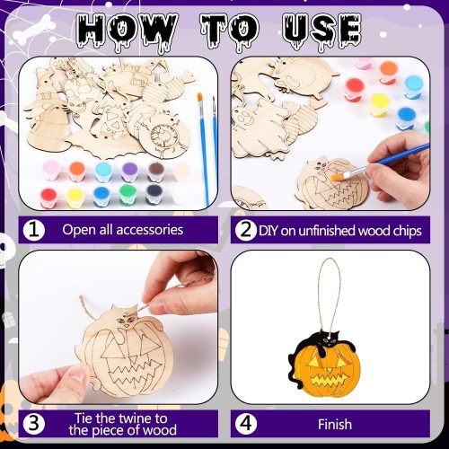 JellyArch 36 Pcs Halloween Wood Cutouts Crafts for Kids, Halloween Pumpkin Skull Bat Ghost Blank Unfinished Wooden Shape Slice, DIY Crafts Paint Hanging Ornaments for Boys Girls School Party Decor