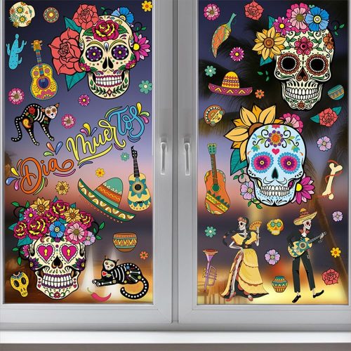 81Pcs Day of The Dead Window Clings - Dia De Los Muertos Stickers for Mexican Halloween Decor - Sugar Skull, Guitar, Ghost Bride and Groom, Flower Design - Mexican Art Decorations