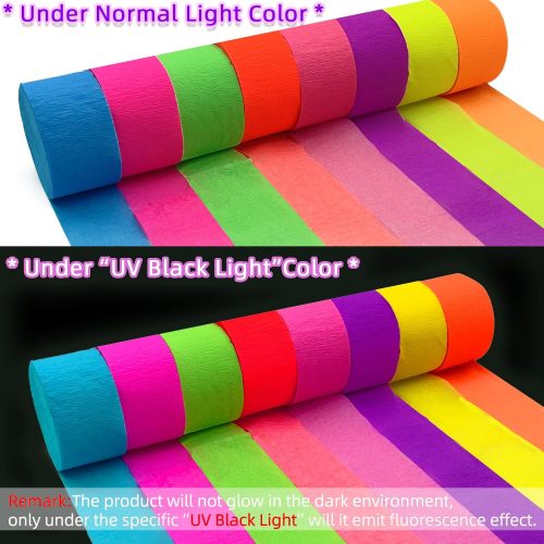 880feet Blacklight Party Streamer Decorations 8 Rolls Glow Crepe Paper UV Reactive Fluorescent Neon Paper Streamers Glow Party Supplies and Decorations for Wedding Birthday Neon Fiesta Party
