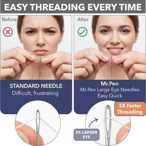 Mr. Pen- Large Eye Needles for Hand Sewing, 50 pcs, 5 Sizes, Silver, Embroidery Needles for Hand Sewing