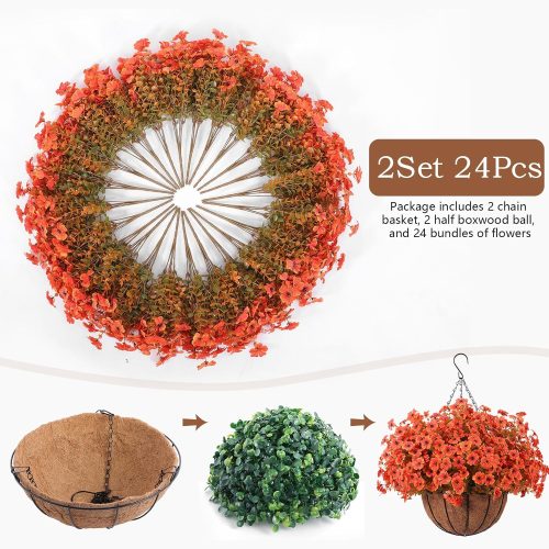 Hananona 24 Pcs Artficial Outdoor Flowers with Hanging Baskets, Orange Fall mums 2 Pack Hanging Planter with Outdoor Fall Flowers for Autumn Porch Garden and Home Patio Yard Decor (2, Orange)