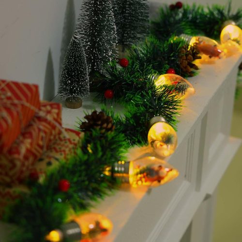 Christmas Garland with Lights, 8.2 FT Battery Operated Powerd 12 LED Bulb String Lights Pine Cones Red Berry Decorations Lighted Lit Prelit Indoor Outdoor Window Home Mantle Fireplace Table Xmas Decor