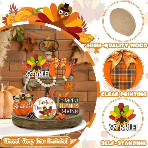 Thanksgiving Tiered Tray Decor, Fall Farmhouse Turkey Tray Decorations, Plaid Bow Pumpkin Maple Leaf Wooden Signs Beads Garland, Autumn Home Decor for Tabletop Shelf Mantel Party