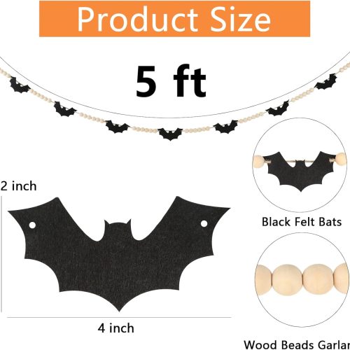 Halloween Decorations-Black Felt Bats Wood Beads Garland for Halloween Decorations Indoor- Farmhouse Felt Banner for Fireplace Mantel Walls