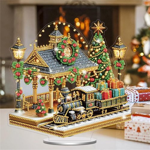 JJFox DIY Tabletop Diamond Art Painting Kit，9.45x9.17inch Special Shaped Rhinestone Desk Placement Ornament，Home Stand Up Gem Painting Craft Kit(Christmas Railway Station-1)