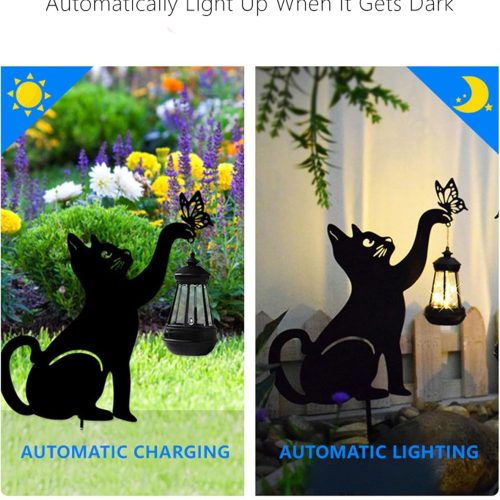 Outdoor Garden Decor, Black Cat Figurine Stake with Butterfly, Silhouette Outdoor Decorative Garden Stakes for Yard, Lawn, Patio, Pathway, Gift Ideas for Halloween, Christmas (Cat)