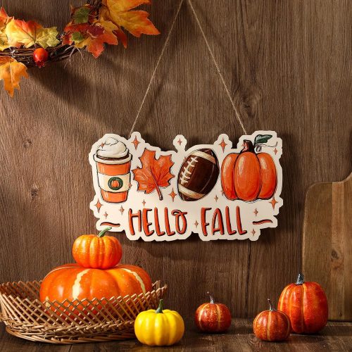Hello Fall Door Sign 13.8” x 7.9”, Hand-painted Wooden Fall Hanging Decor with Pumpkin, Maple Leaf, Milkshake & Football for Front Porch, Thanksgiving, Halloween, Indoor Outdoor Use