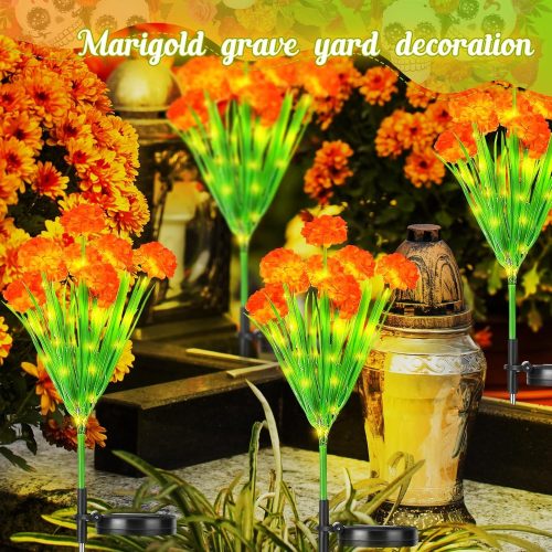 Baquler 6 Sets Day of the Dead Marigold Lights 29'' Height Solar Marigold Lights with 21 Marigold Flowers Heads Outdoor Waterproof Garden Landscape Lights for Diwali Dia De Los Muertos Halloween Party