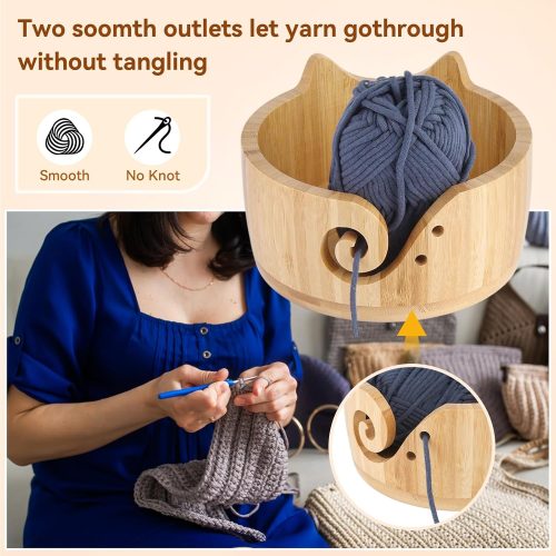 XIEJ Cat Yarn Bowl Set, 7 X 4inch Wooden Yarn Bowls for Crocheting, Knitting Bowl, Yarn Storage Bowls, Crochet Yarn Holder with Crochet Hooks Knitting Tools for Crocheters Knitters Craft