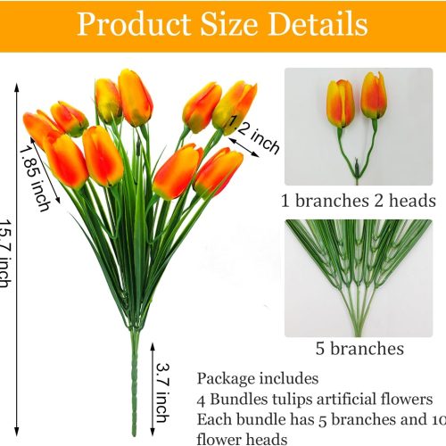 Artificial Tulips Fake Flowers Outdoor UV Resistant 4 Bundles 40 Heads Silk Tulip Faux Plastic Greenery Plants Flower for Home Outside Garden Porch Window Planters Decor (Orange)