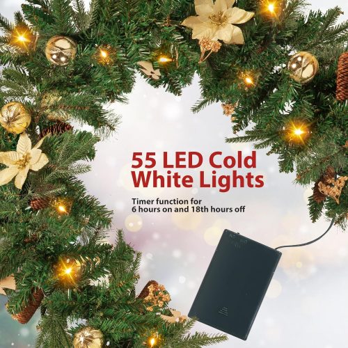 NALONE Pre-Lit Christmas Garland with Lights and Timer, 106 Inch Garland Christmas Decorations, Battery Operated Xmas Garland with Pinecones, Balls and Ornaments for Stairs Wall Door Porch (Gold)
