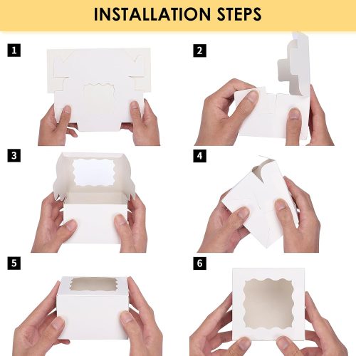 Moretoes 50pcs White Cookie Boxes with Window, 4x4x2.5 Inches Bakery Boxes with 5pcs Stickers for Small Cookies, Treats, Desserts, Chocolate Covered Strawberries, Mini Cake