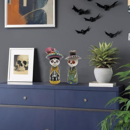 2 Pcs Day of The Dead Figurines, 5.8" Dia De Los Muertos Altar Ofrenda Sugar Skulls Couple Decorations for Home Table, Catrinas Mexican Resin Statue Halloween Skeleton Gifts