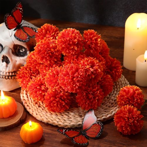 24 Pcs Marigold Flowers Bulk Halloween Chrysanthemum Ball Bouquets for Day of Dead 2.76" Artificial Flowers for Diwali Indian Decor DIY Wreath Garland(Orange)