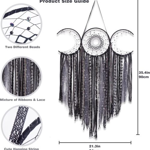 ANROYE Black Triple Moon Goddess Macrame Wall Hanging, Wicca Crescent Dream Catcher for Witch Home, Dreamcatcher for Bedroom Decoration, Pagan Woven Tapestry for Wiccan Adults Decor