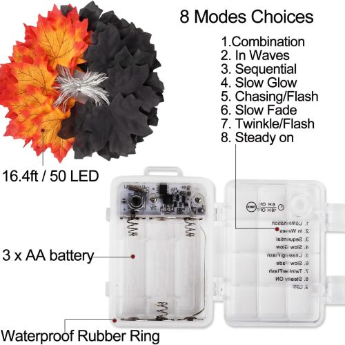 50 LED 16.4Ft Halloween Decorations Fall Garland String Lights with Timer, Lighted Black Maple Leaves Garlands Decor with Banner, Fall Lights for Home Party Indoor Mantle