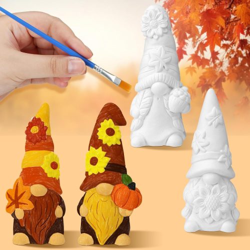 Barydat 4 Pcs Fall Gnome Ceramic to Paint Kit 5 Inch Ready to Paint Your Own Ceramic Gnome Statues Thanksgiving DIY Unpainted Ceramic Gnome to Paint Ceramic Crafts with Paint Strips Brush for Adults