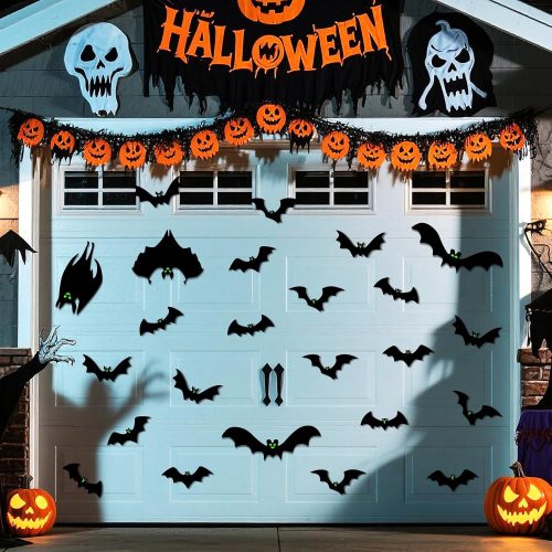 24 Pcs Halloween Magnetic Bats Garage Door Decorations Black Magnets Bats Outdoor Decor with Glowing Eye Stickers for Car Refrigerator Halloween Party Decor（Multiple Sizes）